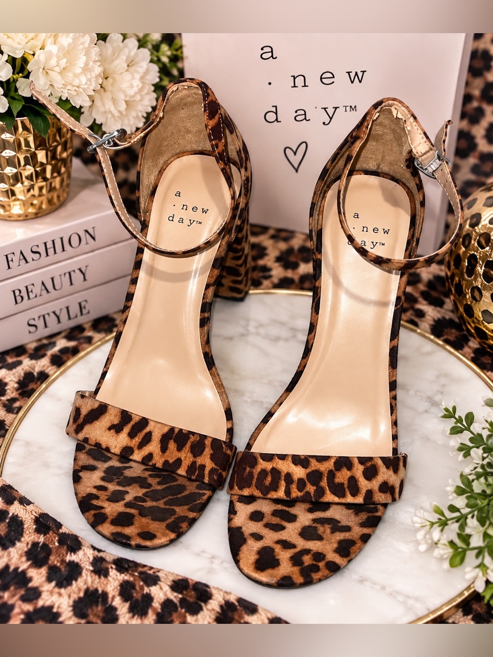 a new day Leopard Print Block Heel Ankle Strap Sandals Size 8.5